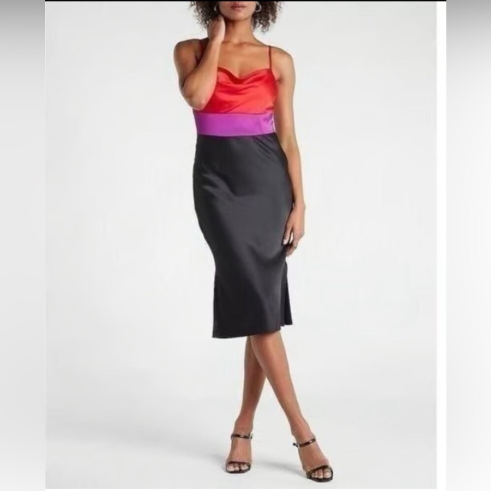 NWT Express Black Red and Purple Satin Slip Dress